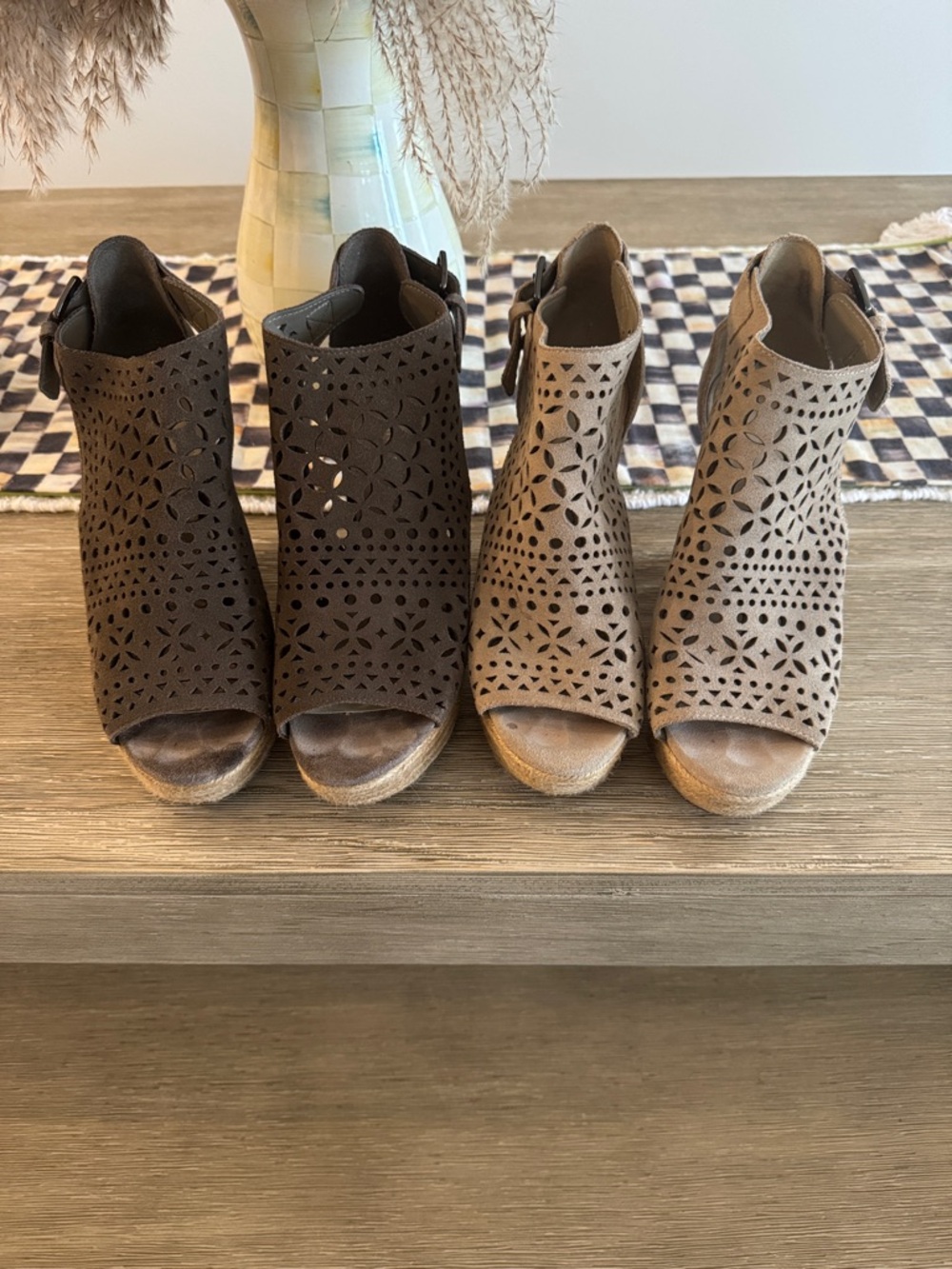 Marc Fisher Laser-Cut Peep Toe Wedge Mules - Dark Brown & Taupe